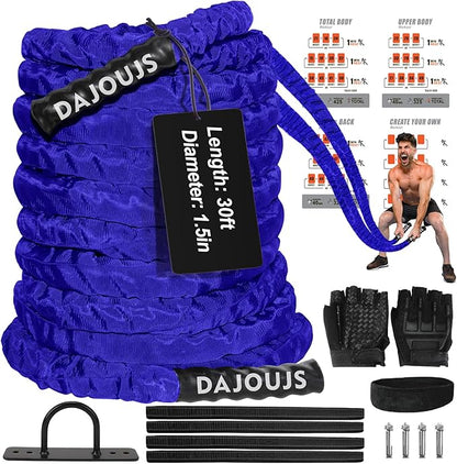 Battle Ropes for Home Gym 1.5Inch Diameter 30FT Lengths Workout Heavy Battle Ropes for Exercise Training Weighted Rope, Working Out Exercise Equipment with Protective Cove - Blue