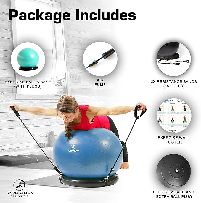 ProBody Pilates Yoga Ball Chair, Exercise Ball Chair with Base or Stand for Home Office Desk Sitting or Workout, 65cm Antiburst Balance & Stability Ball Seat, Large Gym Ball for Back, Abs