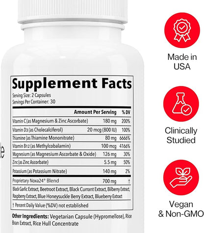 Nitric Oxide Booster Supplement with Magnesium, Zinc, Vitamin B12, Vitamin C & Vitamin D3 | 24-Hour Circulation Support, Energy Boost, Blood Flow & Heart Health | Vegan, Non-GMO (60 Count)