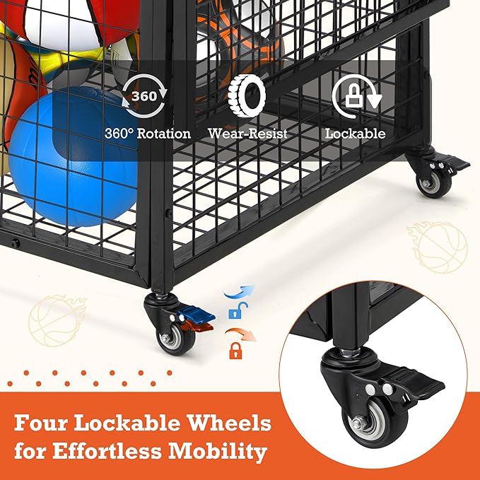 AECOJOY Ball Cart Storage, Rolling Basketball Bin with Wheels for Garage, School, Gym, Sports Equipment and Toy Organizer, Indoor & Outdoor