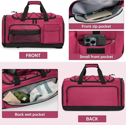 Gym Bag for Women & Men, Sports Travel Duffle Bag with Shoe Compartment, Anti-Theft Carry On Weekender Bag, Water Resistant Overnight Backpack for Airplane, Gym, Travel (Pink Black)