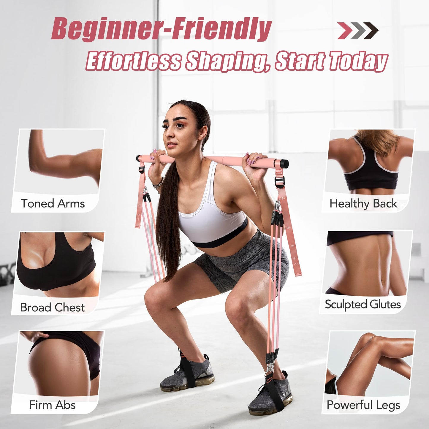 ALongSong Upgraded Pilates Bar Kit with Resistance Bands Natural Latex, Heavy-Duty Stainless Steel
