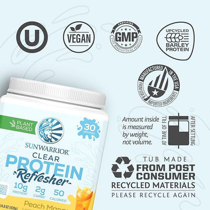Sunwarrior Clear Protein Powder Plant-Based Water Mix, Vegan and Refreshing Protein and Hydration Supplement 10g Per Serving Peach Mango Flavored 420g Tub 30 Servings
