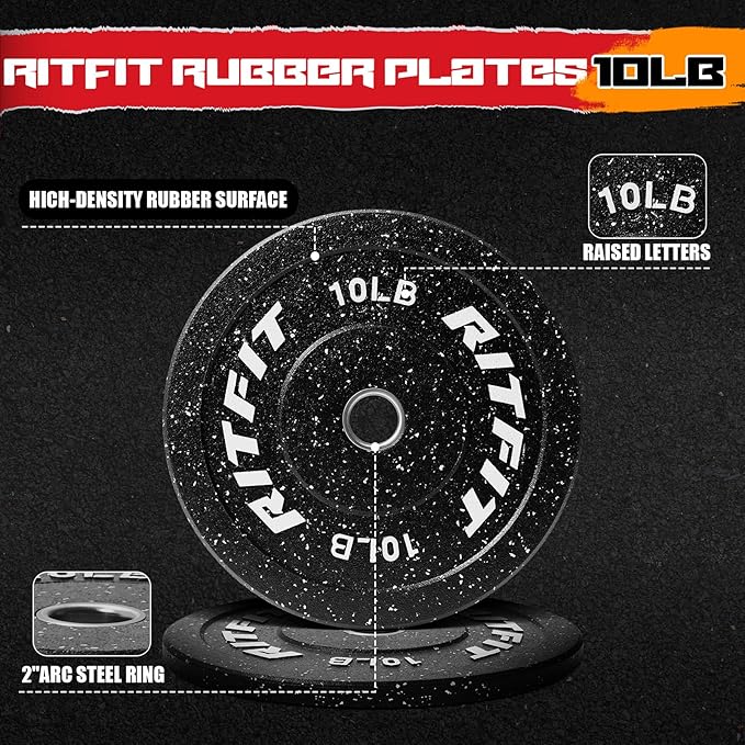 RitFit Bumper Plates, Colored Fleck-Rubber Weight Plates with Steel Insert, 2-inch Olympic Weight Plates for Weight Lifting and Strength Training,10LB Pair