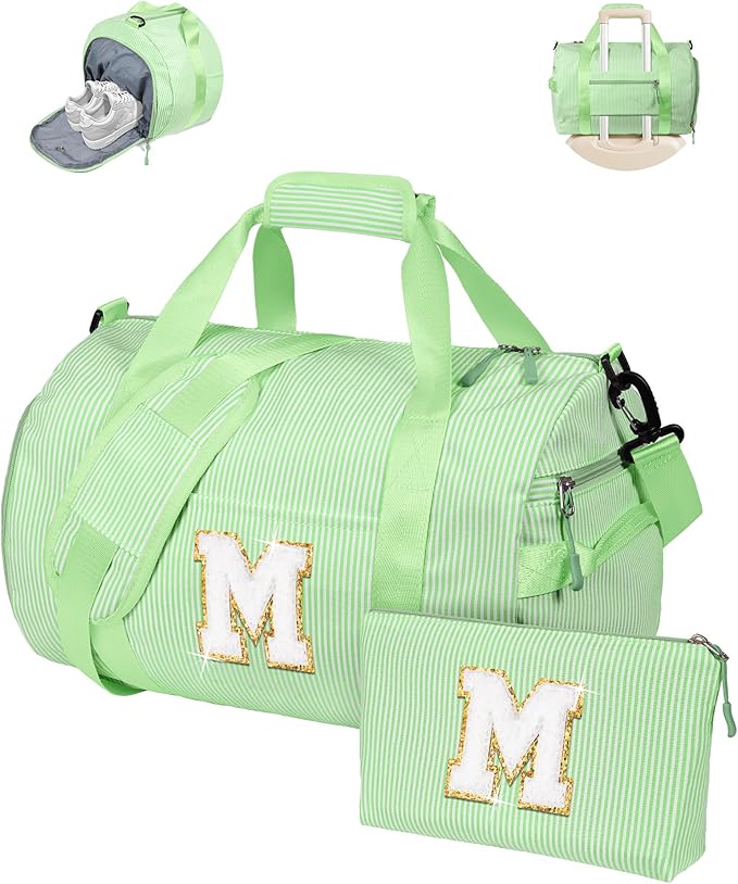 Gifts for 3 4 5 6 7 8 9 10 Year Old Girls, Girl Gym Bag, Kids Monogram Overnight Duffel Bags with Shoe Compartment, Personalized Travel Bag with Makeup Pouch, Dance Recital Gift (Letter M)