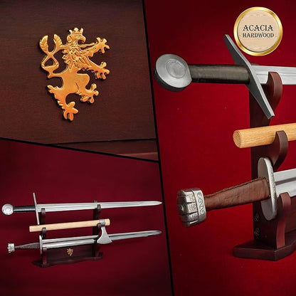 Mythrojan Medieval Sword Stand Solid Wood Horizontal Display Rack for Katana, Samurai, Gladiator, Crusader Swords Elegant Tabletop Holder, 3-Tier - Dark Brown