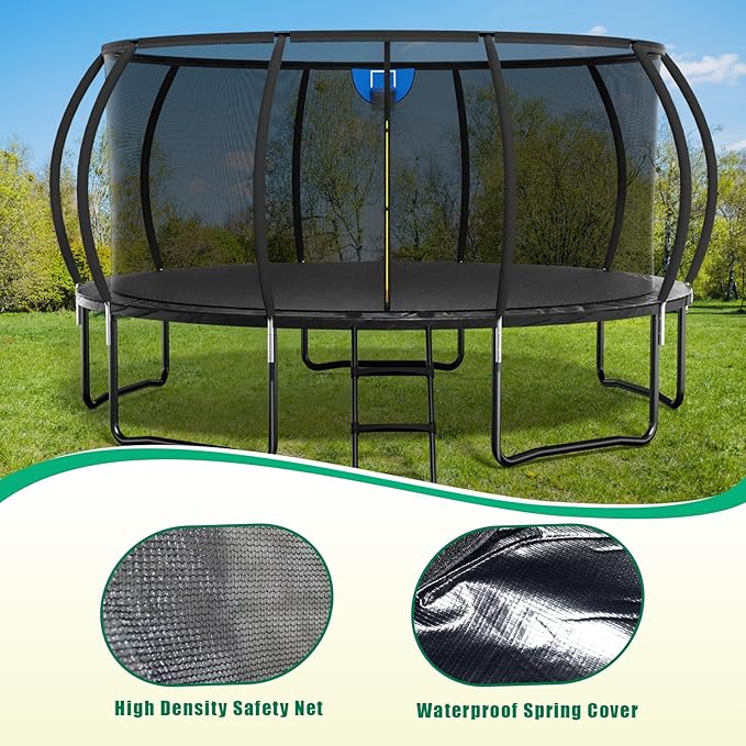 Trampoline 12FT 14FT 15FT 16FT for Kids/Adults - Outdoor Recreational with Enclosure Net Curved Poles and Ladder, Heavy Duty Anti-Rust Coating, ASTM Approval