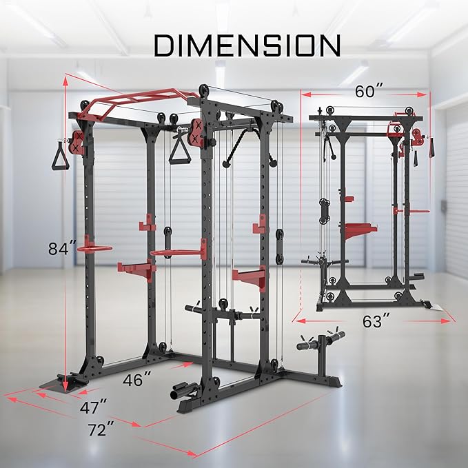 Fitness Reality Power Cage Squat Rack with Optional LAT Pulldown, Cable Crossover, 800 lb Capacity, Multi-Grip Pull-Up Bar, Adjustable Safety Bars, Strength Training for Home Gym