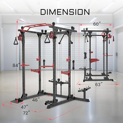 Fitness Reality Power Cage Squat Rack with Optional LAT Pulldown, Cable Crossover, 800 lb Capacity, Multi-Grip Pull-Up Bar, Adjustable Safety Bars, Strength Training for Home Gym