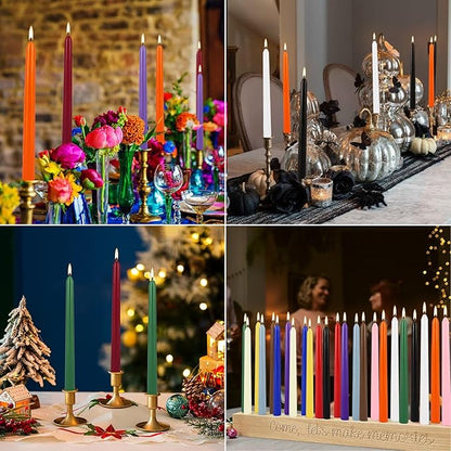 24 Colored Taper Candles, 7-8 Hours Burn Time, Unscented, Smokeless and Dripless, 0.75 x 10 Inch Dinner Candle Set for Household, Wedding, Party and Home Décor Candlesticks
