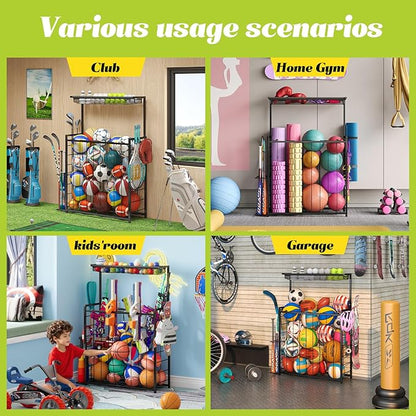 Large Sports Equipment Organizer, Garage Storage Ball Rack with Elastic Straps and 3 Hooks, Outdoor Toy Organizer Stand, Garage Organization Storage Rack for Basketball, Football, Soccer, Volleyball