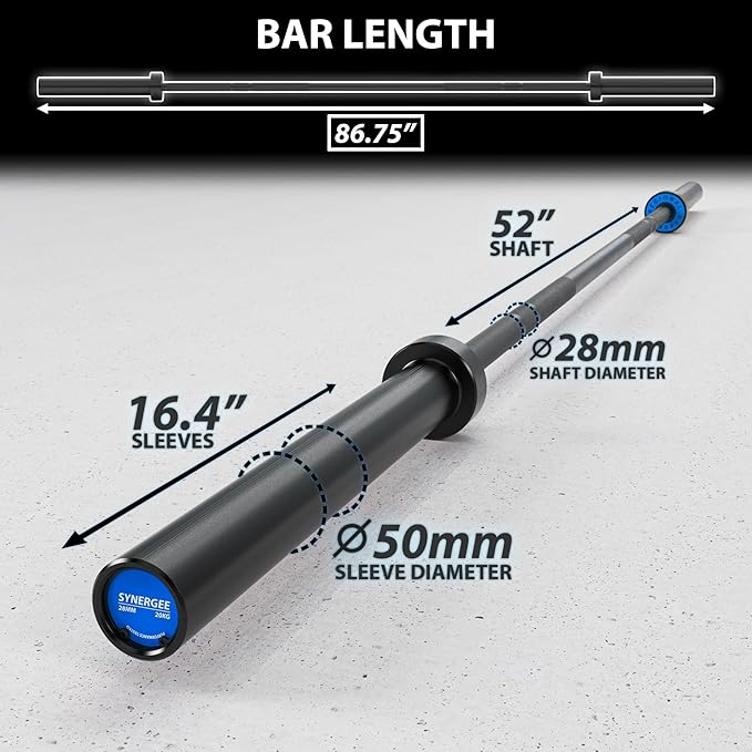 Synergee Regional Olympic 20kg Men’s and 15kg Women’s Hard Chrome & Black Phosphate Barbells. Rated 1500lbs for Weightlifting and Powerlifting.