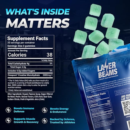 Creatine Monohydrate Gummies for Women & Men- 5g Creapure Creatine per Serving - Vegan, Blue Raspberry Flavor - Boost Muscle Strength, Endurance, Recovery & Mental Focus (90 Gummies)