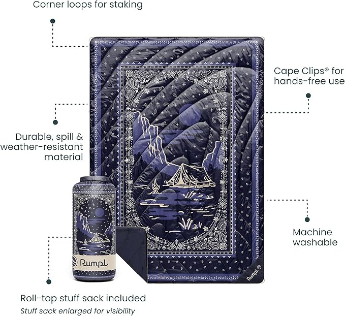 Rumpl Original Puffy Blanket - Warm, Water-Resistant Camping Blanket with 100% Recycled Synthetic Insulation, 52"x75", Original Puffy V2, Midnight Mesa Bandana
