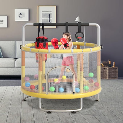 55" Small Trampoline for Kids, Telawah Indoor Outdoor with with Enclosure Net, Safety Enclosure, Round Jumping Mat with Basketball Hoops, Birthday Gifts for Children