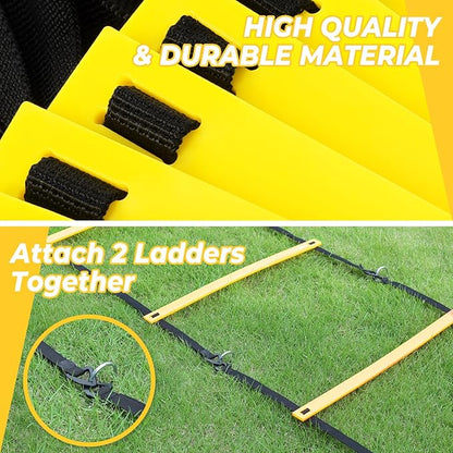 GHB Pro Agility Ladder Soccer Kick Trainer Set 20ft 12 Rung 10 Cones and 4 Stakes Speed Agility Football Training Equipment with Carrying Bag