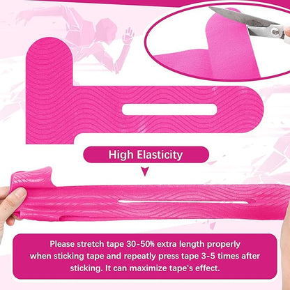 50 Pcs Precut Kinesiology Tape for Knees Pain Relief Elastic Waterproof Athletic Knee Tape for Support Stability Sports(Rose Red)