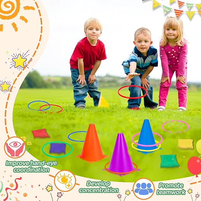 31PCS 3 in 1 Carnival Outdoor Games Combo Set for Kids, Soft Plastic Cones Bean Bags Ring Toss Games, Kid’s Gift for Birthday Party Outdoor Games Supplies, Throwing Backyard Lawn Family Toys