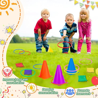 31PCS 3 in 1 Carnival Outdoor Games Combo Set for Kids, Soft Plastic Cones Bean Bags Ring Toss Games, Kid’s Gift for Birthday Party Outdoor Games Supplies, Throwing Backyard Lawn Family Toys