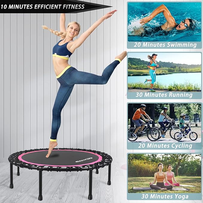 Newan 40"-48" Silent Mini Trampoline Fitness Trampoline Bungee Rebounder Jumping Cardio Trainer Workout for Adults-Max Limit 330lbs
