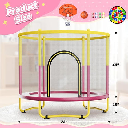 6FT Indoor Trampoline for Kids Ages 1-8, 72" Mini Toddler Indoor & Outdoor Trampoline with Safety Enclosure Net, Basketball Hoop & Dart Board, Birthday Gifts for Boys & Girls, Baby Toddler