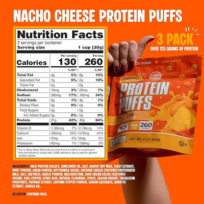 Twin Peaks Low Carb, Keto Friendly Protein Puffs, (Nacho Cheese), 2 Servings, 3 Pack (60g, 42g Protein, 4g Carbs)