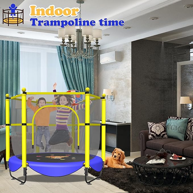 60" Trampoline for Kids, 5 FT Indoor & Outdoor Toddler Baby Trampoline with Basketball Hoop, Safety Enclosure, Birthday Gifts for Kids, Gifts for Boy and Girl, Age 3-8