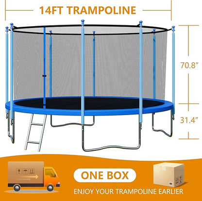 Trampoline with Enclosure - 12FT & 14FT Recreational Trampolines, Ladder, AntiRust Coating, ASTM Approved