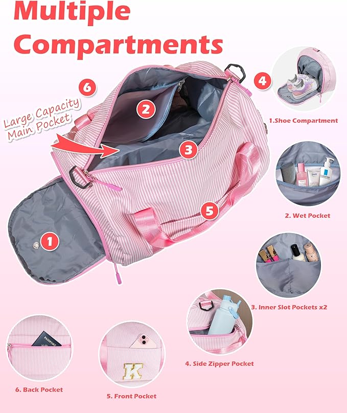 Cheer Up Gifts for Kid, Girl Gym Bag, Kids Initial Overnight Duffel Bags with Shoe Compartment, Personalized Travel Bag with Makeup Pouch, Preppy Things for Teen Girls (Letter M)