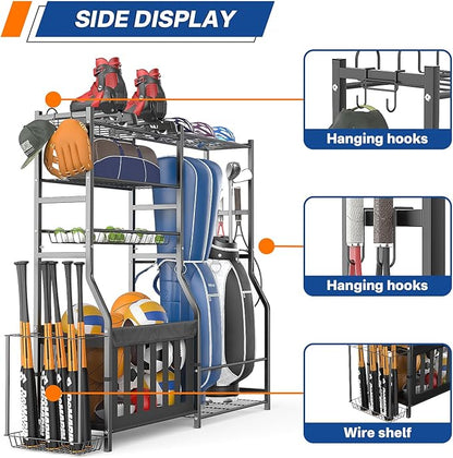 Garage Sports Equipment Organizer, Strong Load Bearing Golf Bag Organizer, Multi Use Golf Ball Rack Basketball Rack for Sports Gear and Outdoor Toy Ball Storage
