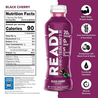 Ready® Protein Water ??20g Whey Protein Isolate, Zero Sugar, Low-Calorie Sports Drink for Hydration & Recovery ??Electrolytes, Essential Amino Acids ??Black Cherry, 16.9 fl oz Bottles (12-Pack)
