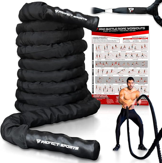 Battle Ropes 50 ft Heavy Duty Battle Rope with Protective Sleeve Black, Plastic, ABS Grip, Adult Strength Training, Cardio, CrossFit