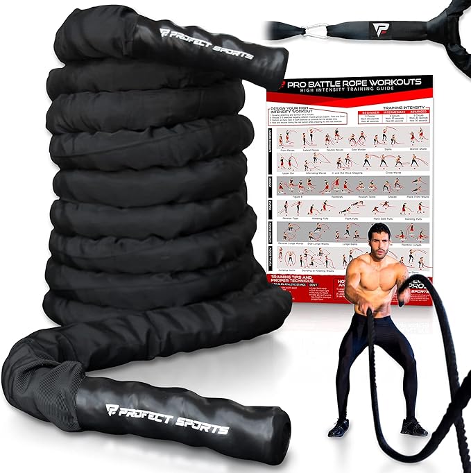 Battle Ropes 50 ft Heavy Duty Battle Rope with Protective Sleeve Black, Plastic, ABS Grip, Adult Strength Training, Cardio, CrossFit