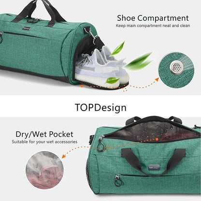 TOPDesign Gym Bag for Women & Men, Unisex Duffel Bag with Shoe Compartment & Wet Pocket for Travel Sports Gym (M Textured Green)