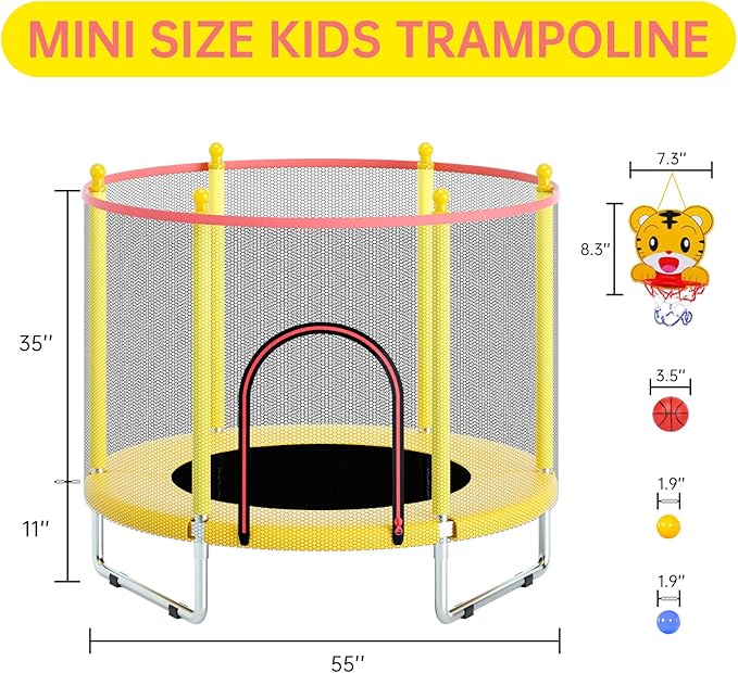 55" Trampoline for Kids, Telawah Indoor/Outdoor Mini Baby with Safety Enclosure Net, Adjustable Toddler with Basketball Hoop, Gifts for Boys & Girls