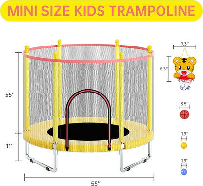 55" Trampoline for Kids, Telawah Indoor/Outdoor Mini Baby with Safety Enclosure Net, Adjustable Toddler with Basketball Hoop, Gifts for Boys & Girls