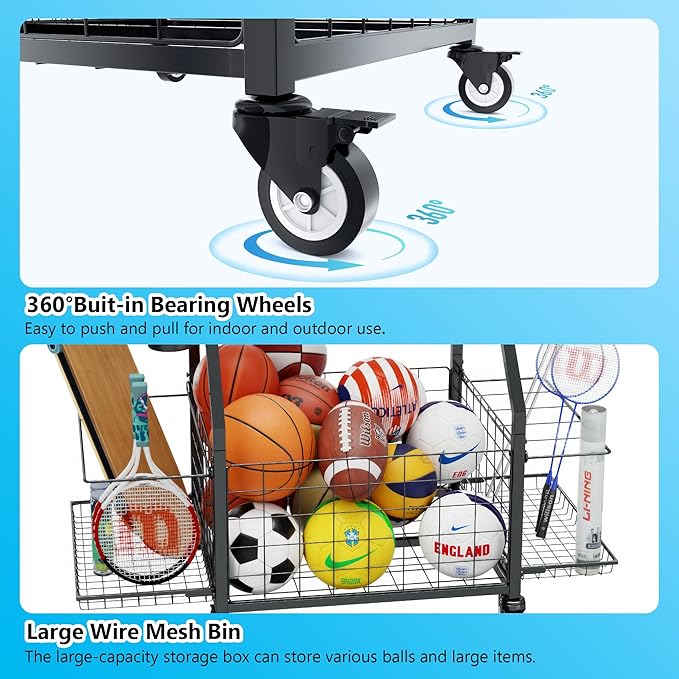 Sports Equipment Organizer, Outdoor Toy Storage Garage Organization - Ball Storage Racks with 2 Side Racks & Durable Baskets, Garage Rolling Ball Cart with Wheels, Hooks for Sports Gear, Bats