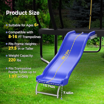 Heavy Duty Plastic Trampoline Slide with Support Frame for 8-16FT, Outdoor Plastic Slide for Trampoline, Adjustable Safer Trampoline Ladder for Kids 6+, 220 LBs Capacity, Blue