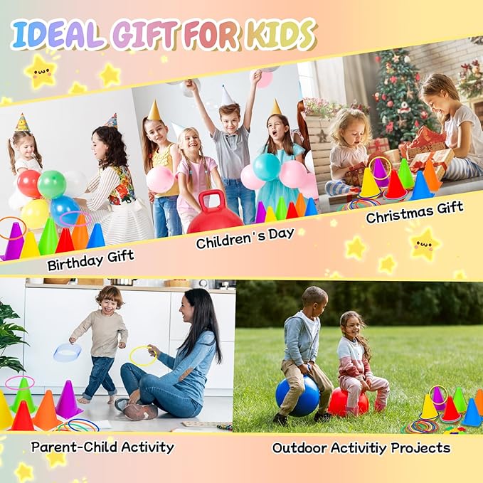 35PCS 4 in 1 Carnival Outdoor Games Combo Set for Kids, Soft Plastic Cones Bean Bags Ring Toss Game, Activity Agility Set with 2 PCS 18" Hopper Balls, Birthday Party Yard Lawn Games