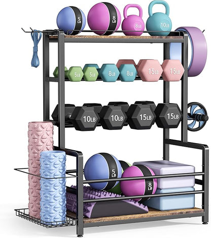Gym Home Equipment Weight Rack – 3‑Tier Workout Storage Stand for Dumbbells & Kettlebells, Medicine Ball Holder, 460 lb Steel Organizer with Yoga Mat Basket, Hooks, Adjustable Feet, 24 x 16 in