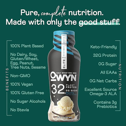 OWYN Only What You Need Pro Elite Vegan Plant Based High Protein Shake, Vanilla, 12 Pack, 32g Protein, Amino Acids, Prebiotics, Omega-3, Workout and Recovery, 0g Net Carbs, Zero Sugar, Keto