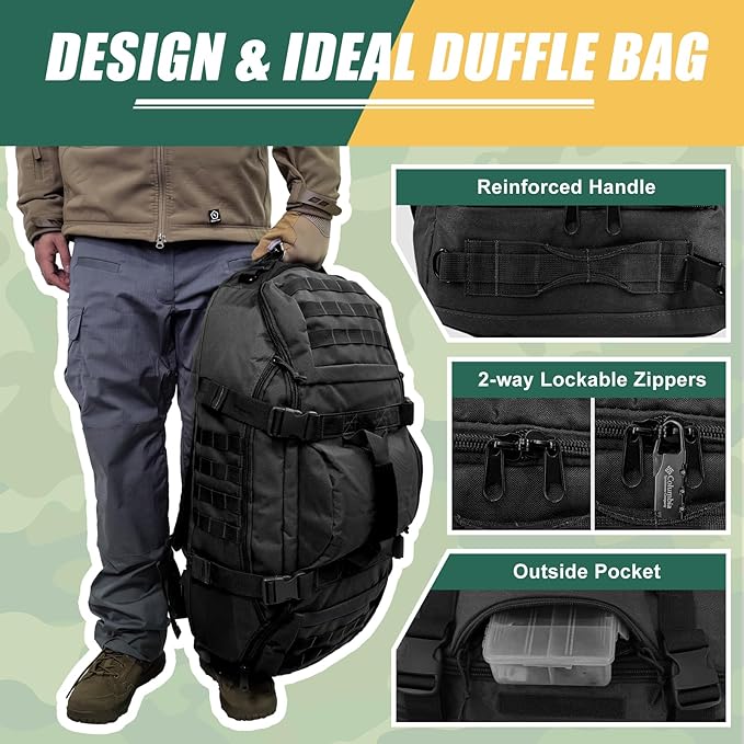 55L Large Travel Gym Duffle Bag Military Tactical Backpack, Army Pack 3 Day Bug Out Bag Rucksack for Outdoor Sport Hiking Camping with Molle System, Black