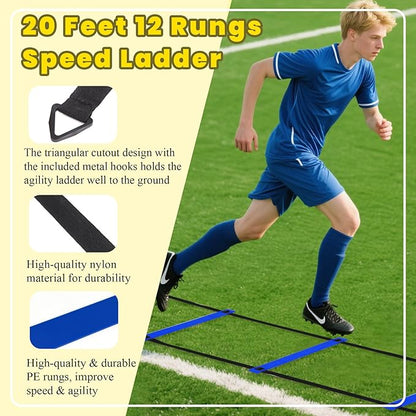 Agility Ladder, Agility Speed Training Set, 20ft 12 Rung Agility Ladder, 4 Agility Hurdles, 5 Resistance Bands, 12 Resistance Cones, Running Parachute, Jump Rope for Athletes, Adults