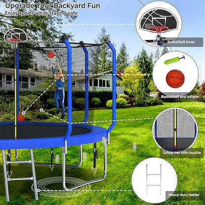 Upgraded Trampoline 8FT/10FT/12FT/14FT With Basketball Hoop, Light, Sprinkler, Stakes - Outdoor Backyard for 4-6 Kids and Adults