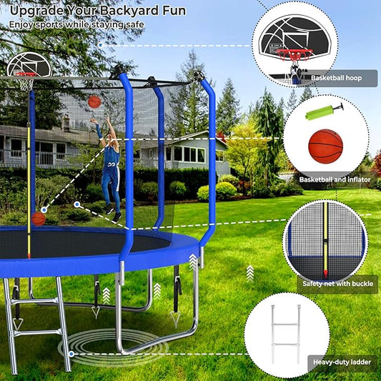Upgraded Trampoline 8FT/10FT/12FT/14FT With Basketball Hoop, Light, Sprinkler, Stakes - Outdoor