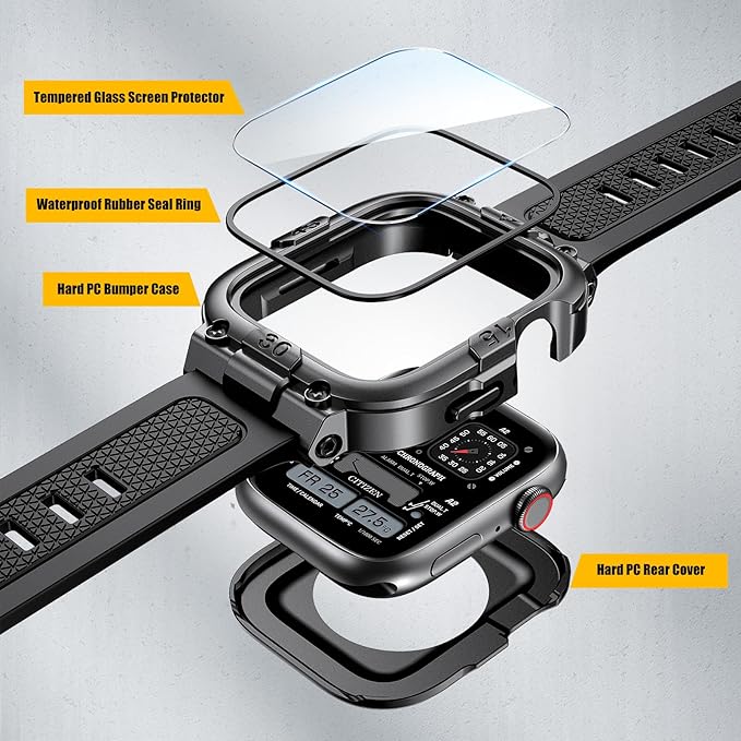 Dsytom Waterproof Case with Band Compatible for Apple Watch Band 45mm 44mm 41mm 40mm for Men ,Rugged Shockproof Smartwatch Strap Protective Bumper Cover with Built-in Tempered Glass Screen Protector