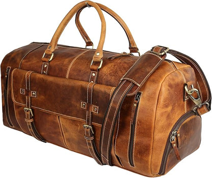 KomalC 24 Inch Leather Duffel Bags for Men and Women Full Grain Leather Travel Overnight Weekend Leather Bags Sports Gym Duffle for Men (Tan with Shoe pocket)