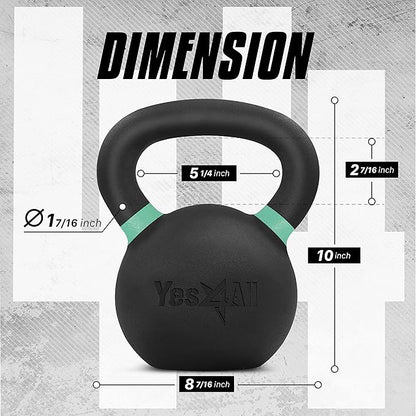 Yes4All Kettlebell, Heavy Duty Powder Coated Cast Iron Kettlebells, Non-Slip Handle & Flat Bottom for Conditioning, Strength Training & Full Body Exercises at Home Gym - Single & Pair