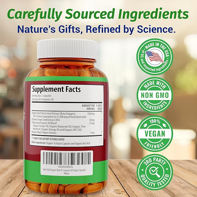 1 Body Beet Vital, Organic Beetroot Supplements for Circulation, Energy, & Stamina, Nitric Oxide Booster Beets Supplements with 1360mg Beetroot Extract, Vegan, Non-GMO, 60 Organic Beet Root Capsules