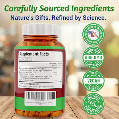 1 Body Beet Vital, Organic Beetroot Supplements for Circulation, Energy, & Stamina, Nitric Oxide Booster Beets Supplements with 1360mg Beetroot Extract, Vegan, Non-GMO, 60 Organic Beet Root Capsules